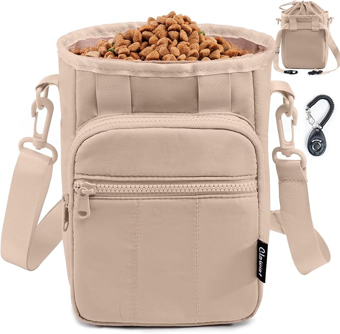 Stylish Dog Training Treat Pouch with Waist & Shoulder Strap, Dog Treat Bag for Walking and Training, Removable Waterproof Liner, Drawstring Treat Holder with Front Pocket & Clicker