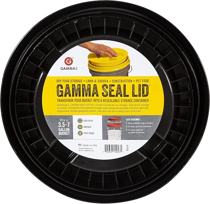 GAMMA2 Gamma Seal Lid - Pet Food Storage Container Lids - Fits 3.5, 5, 6, & 7 Gallon Buckets, Black, Made in USA