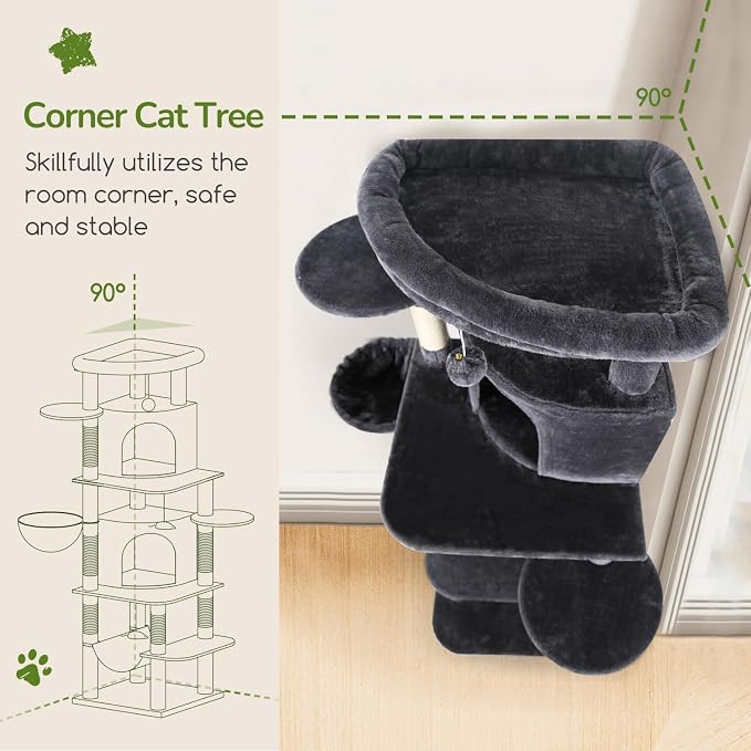 Globlazer 66in Corner Cat Tree Tower for Indoor Large Cats, C66, Dark Grey | Space-Saving Stable Adult Cat Tower with 6 Scratching Posts, 2 Large Fan-shaped Condos & Top Perch, Hammock, Climbing Steps