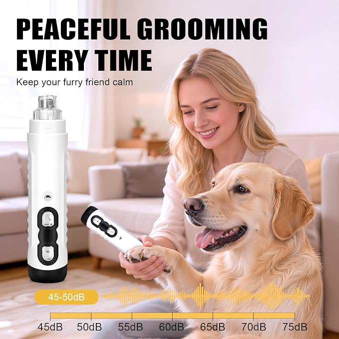 Quiet Dog Nail Grinder Clippers, 9-Speed Pet Nail Trimmer with LED | Low noise, Safety sensor guard, 2 LED lights, USB rechargeable, Professional grooming, Sensitive paws, Dogs cats all breeds