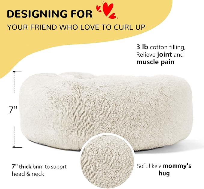 HACHIKITTY Calming Donut Cuddler Dog Bed, Round Fluffy Pet Bed for Large Dogs,Washable, Large, White, 30''
