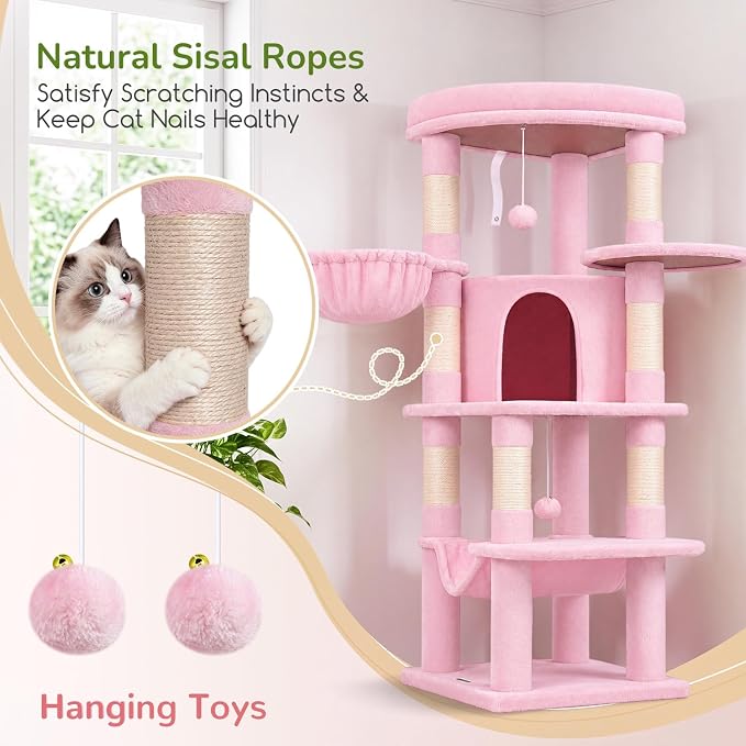 Globlazer Pink Corner Cat Tree Tower with Scratching Post, C51, Pink | 51in Space-Saving Multi-Level Cute Cat Condo for Indoor Cats with Hammock, Large Top Perch for Large Cats, Cozy Cat Cave