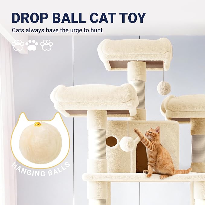 Allewie 82 Inches Large Cat Tree/House/XXL Tall Cat Towers for Big Feline/Scratching Post/Multi-Level Large Kitty Climbing Tree with Condo/Beige