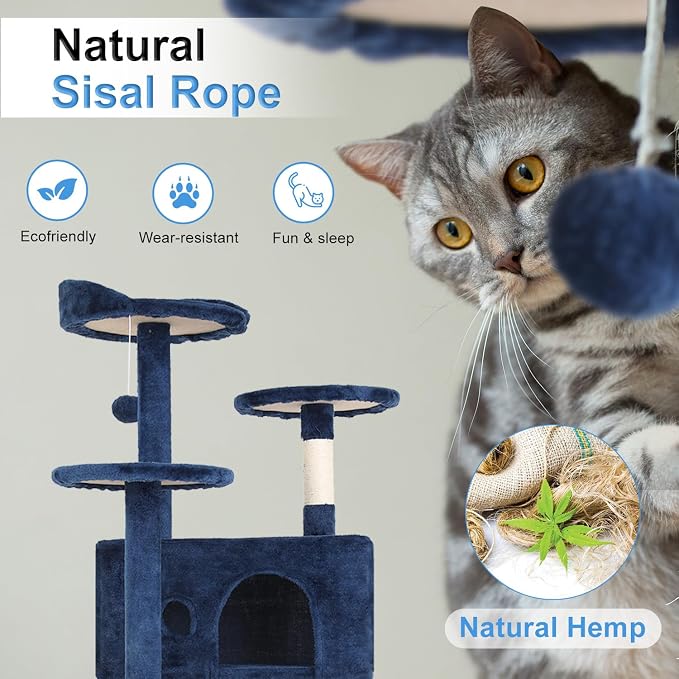 FDW | 54" Cat Tree Tower | Navy Blue | Multi-Level Indoor Activity Center | with Sisal Scratching Posts, Condos, Plush Perches, Hanging Cat Toys | Sturdy, Easy to Assemble | for Kittens & Adult Cats