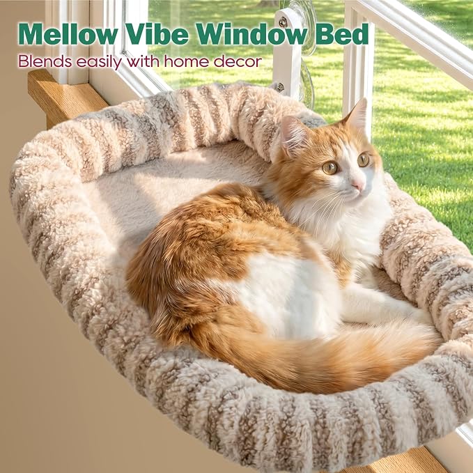 Zakkart Mellow Foldable Cat Window Perch, Upgraded Suction Cups (Brown, L) | Curtain-Friendly, Dual-Fabric Striped Machine Washable Bed, Heavy Duty ABS & Metal Frame, Hold up to 40 lbs., 24.8"W x 15.5"D