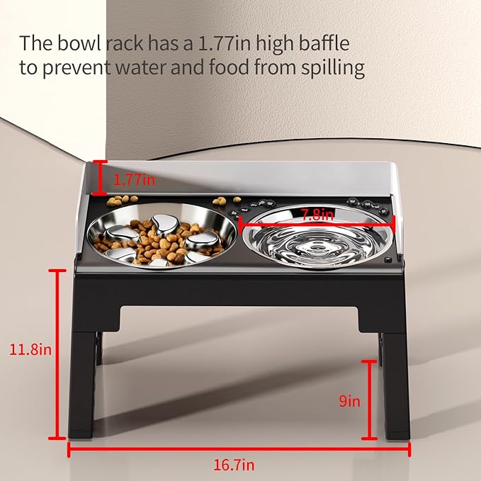 Elevated Dog Bowls with Stainless Steel Slow Feeder Bowl for Medium and Large Dogs, Spill-Proof Tiltable Dog Feeder with 2 Bowls, 6-Height Adjustable Raised Dog Bowl Stand