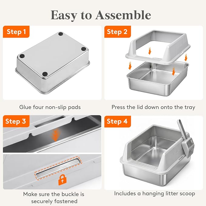 Lifewit Stainless Steel Litter Box for Kitty, Small Metal Cat Litter Tray with Non-Slip Pads, Anti-Leakage Top Entry and High Sided, Easy to Clean, 17.7" L×13.8" W×8.3" H, Gray