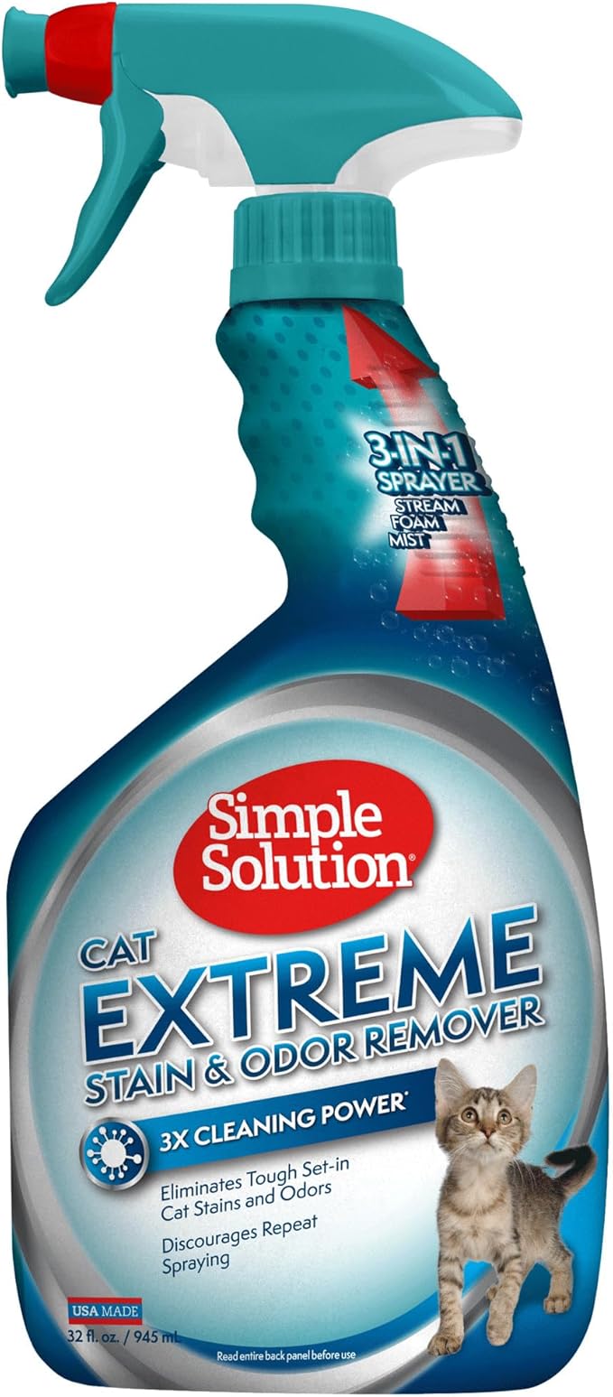 Simple Solution Extreme Cat Stain Remover, Cat Spray Odor Eliminator, 32oz | Pet Odor Eliminator, Carpet Stain Cleaner, Floor Cleaner, Urine Destroyer, Strong Odor, Cat Stain Remover, Home Cleaning