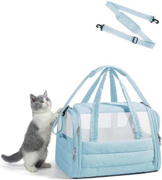 BAGSMART Cat Carrier: Soft-Sided Pet Carrier for Small Medium Cats Dogs Puppy Quilted Collapsible Puffy Travel Bag Up to 20 Lbs Baby Blue