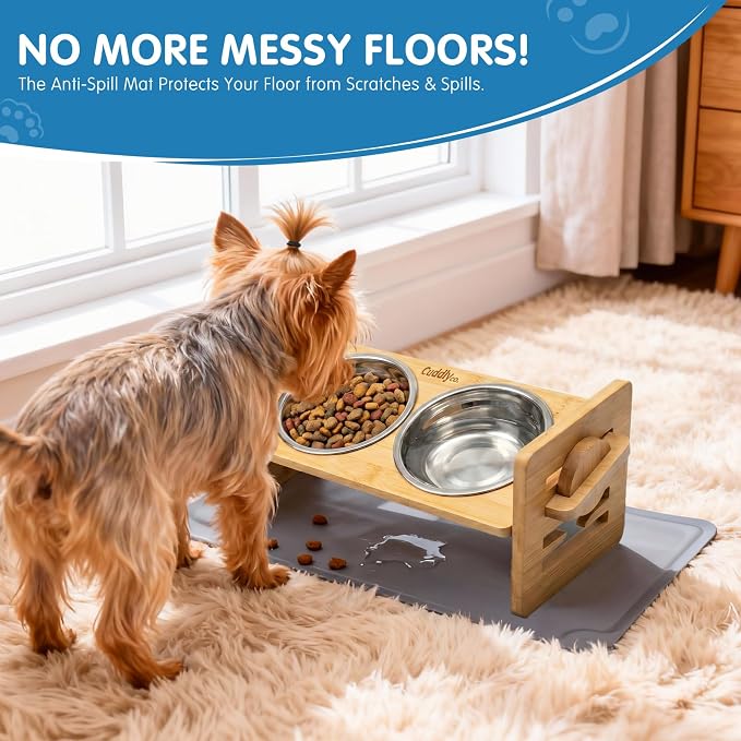 Elevated Dog Bowls for Small Dogs & Cats, Adjustable Raised Dog Bowl Stand with 6 Heights, 15° Tilt, Spill-Proof Silicone Mat, 2 Stainless Steel Bowls, Bamboo Feeder
