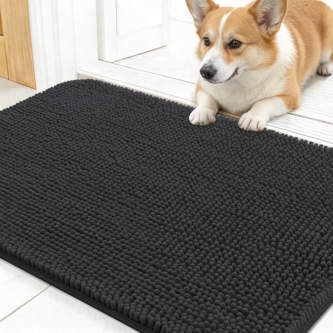 OLANLY Dog Door Mat for Muddy Paws 24x16, Super Absorbent Chenille Mud Mat | Dark Grey, Absorbs Moisture and Dirt, Non-Slip Machine Washable Doormat, Quick-Drying Indoor Entryway Floor Carpet for Dogs