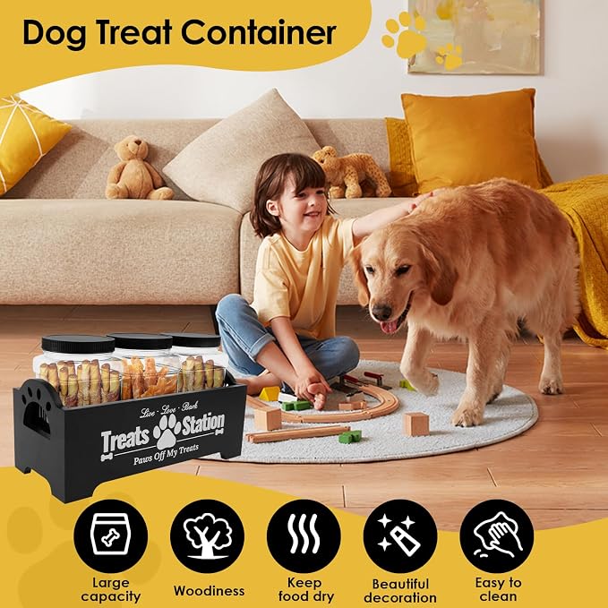 Dog Treat Container for Countertop Dog Food Storage with 3 Plastic Treat Jars Wood Dog Food Container with Handles and Lids Farmhouse Practical Pet Cat Dog Treat Storage Containers (black)