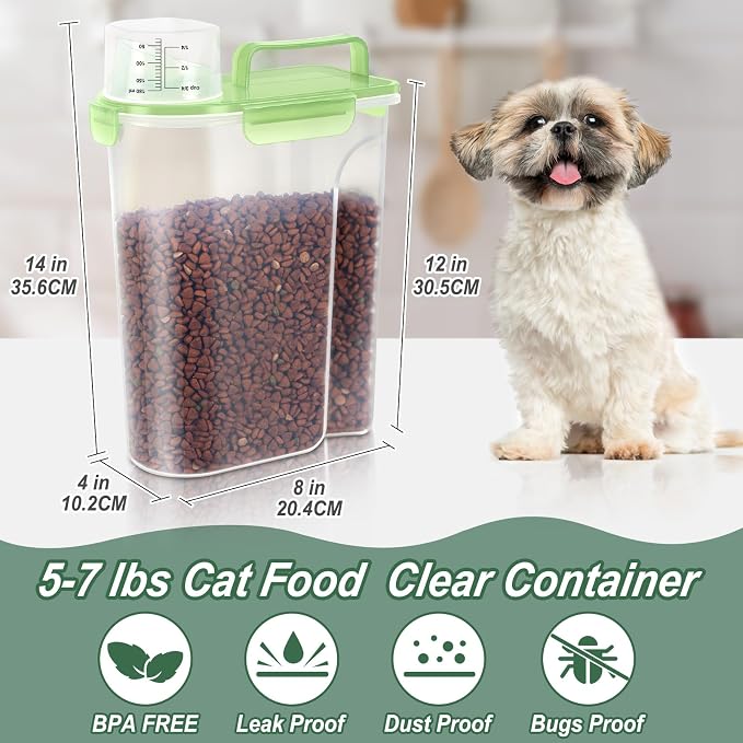 LEAWALK 5-7Lbs/6Qt Dog Cat Storage Container Portable with Upgraded Large Spout and Cup, Plastic Pet Food Dispenser for Small Animal Kibble, Bird Seed, Oatmeal, Rice, Flour, Brown Sugart (Clear Green)