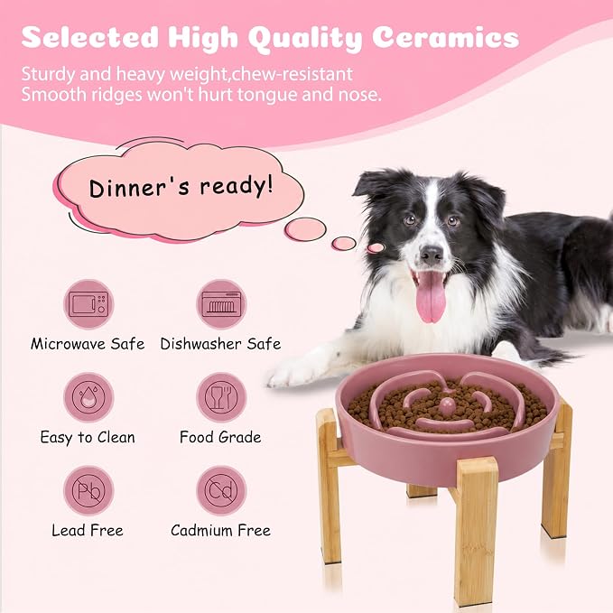 Elevated Slow Feeder Dog Bowl Large Breed, 8.8 Inch Ceramic Slow Eating Bowl with Bamboo Stand, Anti-Choking Raised Maze Design for Medium to Large Dogs, 3.2 Cup, Pink