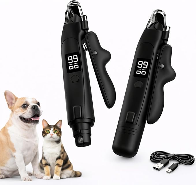 2-in-1 Dog Cat Nail Clippers with Light Bloodline Indicator & Electric Grinder – Type-C Rechargeable Dog Cat Nail Trimmer – Low Noise Grooming Tool with Battery Display (Matte Black)