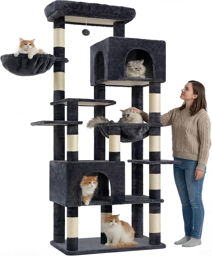Heybly Cat Tree, 76-Inch Tall Heavy Duty Cat Tower for Big Cats HCT039G | Multi-Level Large Cat Furniture with Extra Wide Baseboard, 2 Condos & 2 Hammocks, 10 Scratching Posts, Smoky Gray