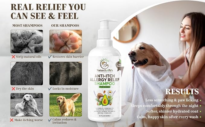 Anti-Itch Dog Shampoo for Allergies & Sensitive Skin – Oatmeal, Avocado, Almond, Neem & Chamomile Oil – Allergies, hot Spots & Paw Licking Relief – Moisturizing Skin – Safe for Frequent use – 16.7 oz