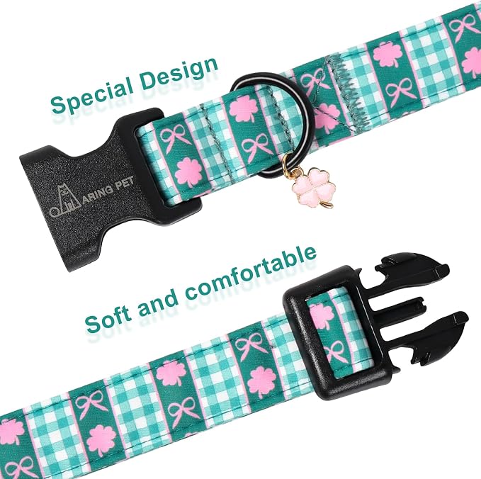 ARING PET St Patrick's Day Dog Collar, Cute Green Clover Shamrock Grid Puppy Pet Collars for Small Medium Large Boy Girl Dogs-L
