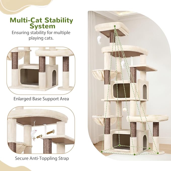 Globlazer 75in Sturdy Cat Tree Tower for Indoor Large Cats, S75, Beige | Multi-Level Heavy Duty Cat Tower with Scratching Post, Oversized Condos & Perches for Big Cats, Large Baskets, Enlarged Base