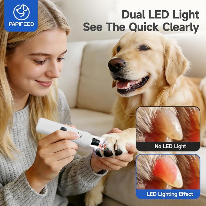 PAPIFEED Dog Nail Grinder with LED Light, Ultra Quiet 3-Speed Electric Nail File for Small Medium Large Dogs & Cats, Rechargeable Pet Nail Grinder with Trimmer (White)