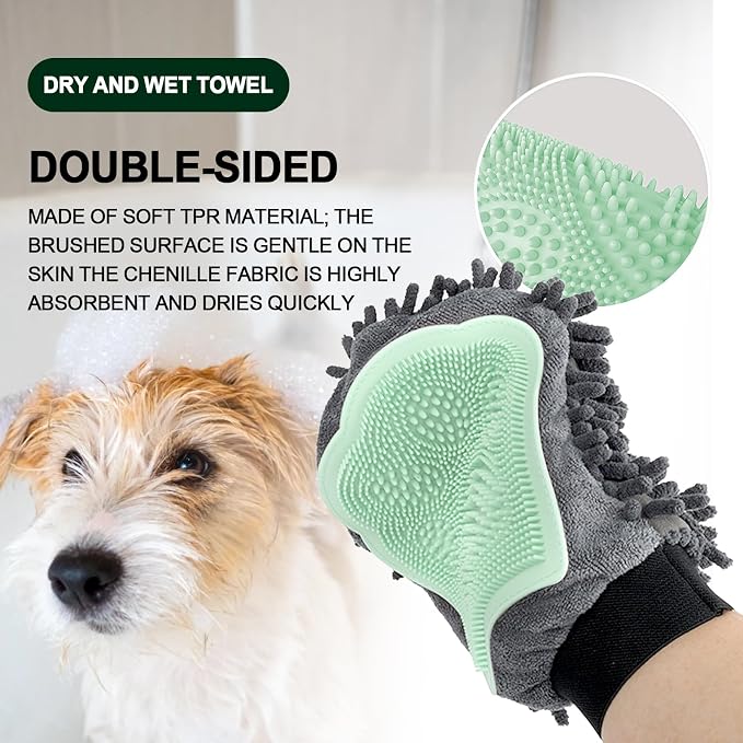 Green Double-Sided Dog Bath Glove Dog Washing Glove for Dogs&Cats | Massage Dog Brush Glove,Chenille Absorbent Pet Towel Mitt,Pet Grooming Glove for Hair Removal Glove,Pet Bathing Glove
