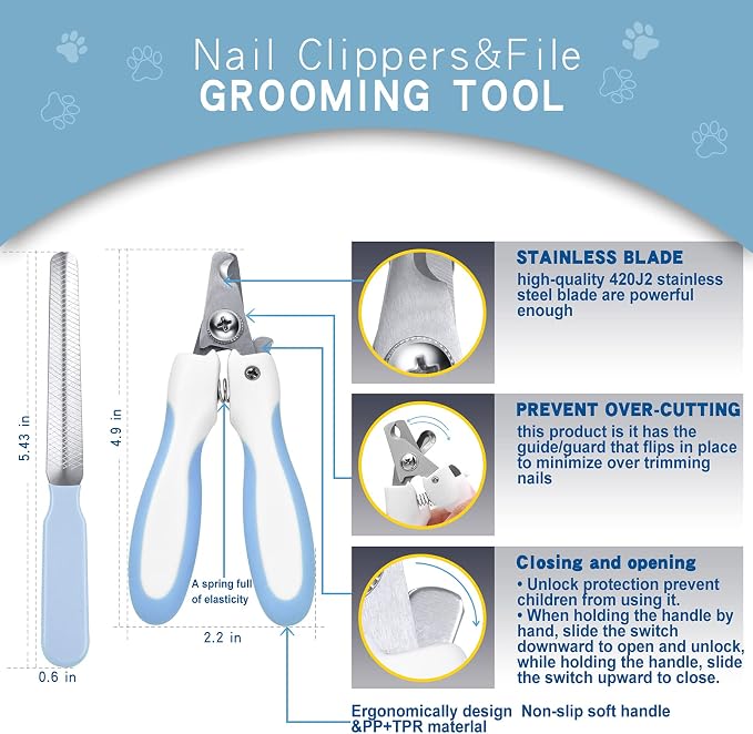 Deshedding Dog Brush - Undercoat Rake for Cats & Dogs - Double Sided Brush for Shedding and Dematting Comb Grooming Tool kit - Nail Clipper & Nail File