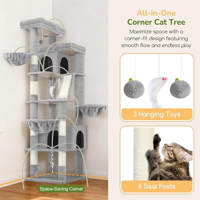 Globlazer 80in Extra Large Tall Corner Cat Tree Tower, S80G, Light Grey | Multi-Level Cat Condo for Multiple Indoor Cats Large Adult Kittens, Scratching Posts, Widened Perches, Adjustable Baskets