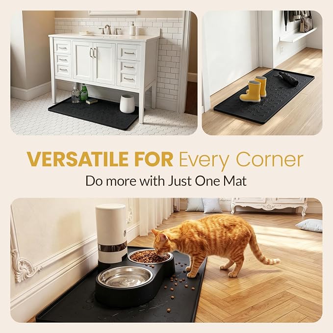 Silicone Pet Feeding Mat - 100% Waterproof Dog & Cat Bowl Pad with Raised Edges - Protects Floors from Messy Eaters & Spills - Anti-Slip, 100% PET-SAFE, Dishwasher Safe (22"x14"x0.4", Black)