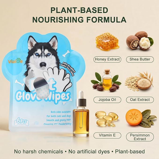 4-in-1 Pet Grooming Glove Wipes – Deshedding, Cleaning, Massage & Coat Care – Removes Loose Fur, Dirt & Odor – Honey, Shea Butter & Oat – 5X Moisture – Waterless Dog & Cat Bath