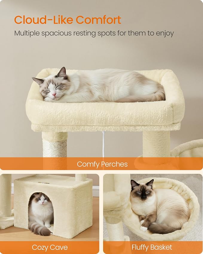 Feandrea Cat Tree, Cat Tower Condo with Scratching Posts and Ramp, 2 Large Perches, Cave, Basket, 33.8 Inches Tall, Summer Sand UPCT013LF02S