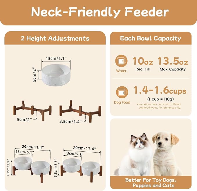 Havniva 5.1" Elevated Dog Bowls Ceramic Raised Dog Bowl with Non-Slip Stand (Acacia Wood) Two Height Options, Dog Food & Water Bowl for Small Breed Dogs Puppy - 1.6 Cups 13.5 oz