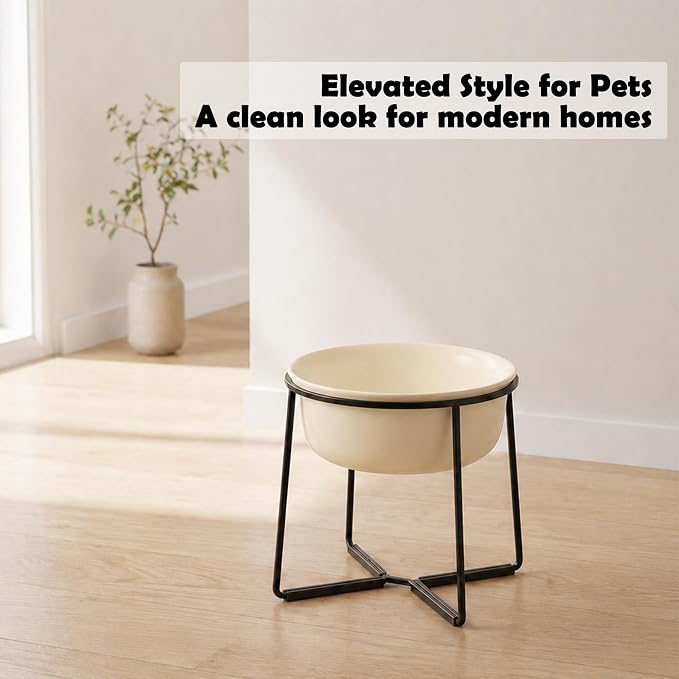 Ceramic Elevated Dog Food Bowl - Heavyweight Feeding Bowl with Metal Stand - Raised Pet Dish for Medium and Larges Dogs - 5.8 Cups - 47.3 oz - Beige