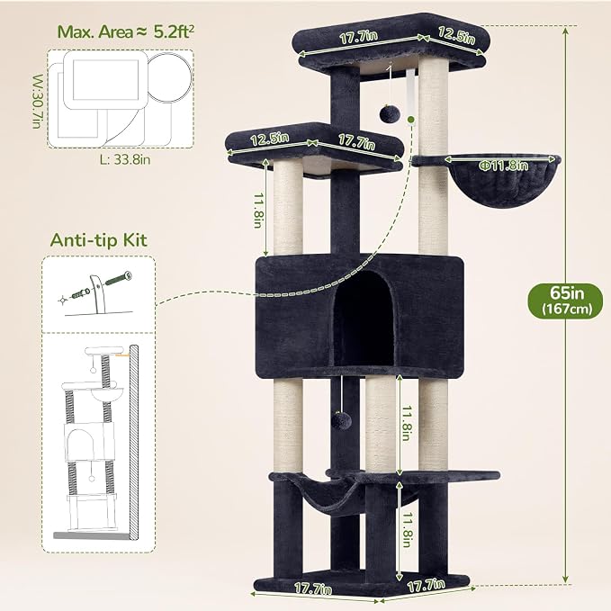 Globlazer F65D Corner Cat Tree Tower with Scratching Posts, Dark Grey | 65in Multi-Level Large Cat Scratching Tower with Hammock, 6 Scratching Posts, Basket and 2 Perches for Indoor Multiple Cats
