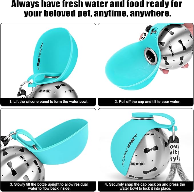 Portable Dog Water Bottle 10oz Stainless Steel Travel Dog Water Dispenser with Bowl No-Spill Puppy Water Bottle for Walking Hiking Small Dog Water Bottle (Blue Bow Print)