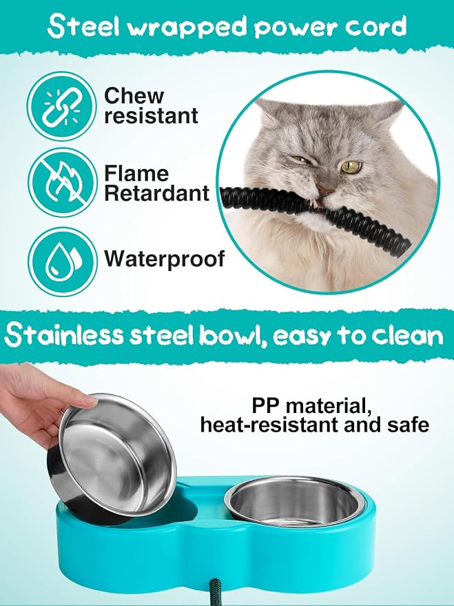 Heated Water Bowl for Cats - 48Oz Outdoor Heated Pet Dog Bowl with 2 Stainless Steel Bowl, Thermostatic Control for Keeping Water and Food from Freezing in Winter Cat Gifts