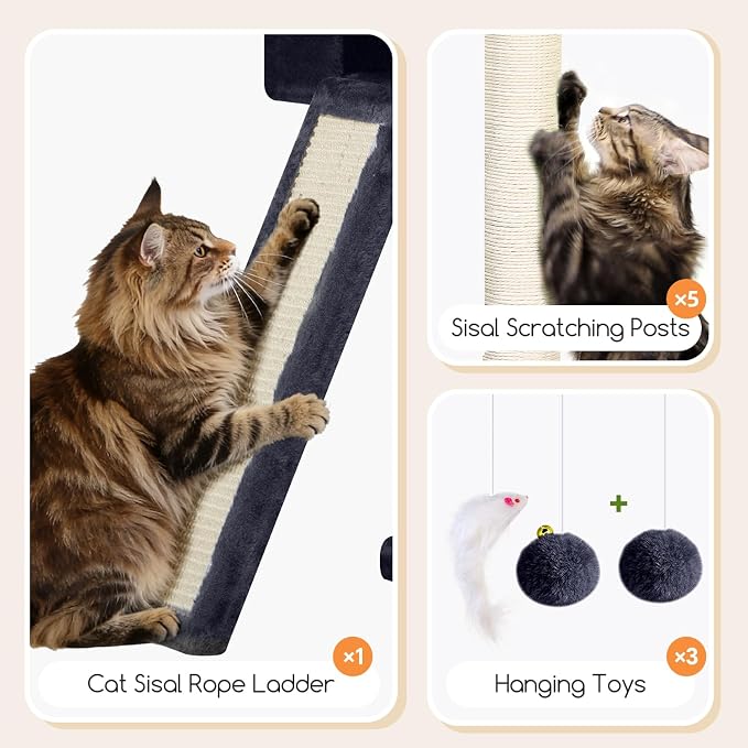 Globlazer Tall Cat Tower Extra Large Cat Tree House, S77D, Dark Grey | 77 inch Cat Climbing Tower for Indoor Cats Large Adults with 5 Scratching Posts, 2 Cat Condos, 2 Platforms