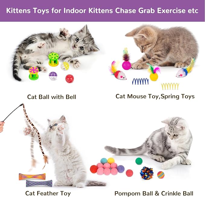 Retro Shaw 33 Pack Cat Tunnel Toy Set for Indoor Cats Kittens, Solves Boredom & Anxiety with 2 Collapsible Tunnels Interactive Feather Wand Springs Balls Crinkle Toys Mice