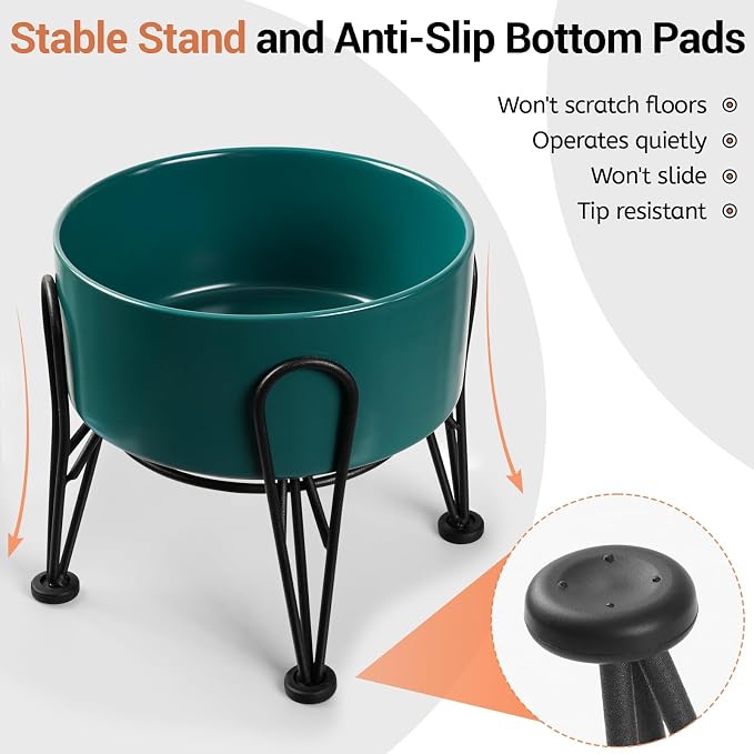 Elevated Dog Bowls, Ceramic Raised Dog Bowl Set with Anti-Slip and Non-Tip Metal Stand, 2 Pack Pet Food and Water Feeding Bowls for Small and Medium Dogs (Green,7.6 Cups)