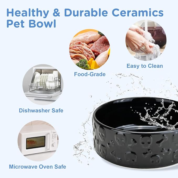 SPUNKYJUNKY Elevated Dog Bowls Ceramic, 5.1'' Dogs and Cat Food Water Bowls Raised with Non-Slip Bamboo Stand for Puppy Small Sized Breed Microwave Dishwasher Safe - 13.5 OZ,Skull Black