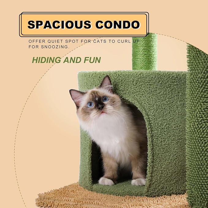MUTTROS Cactus Cat Tree, Multi-Level Cat Tower with Large Metal Carpet Hammock, Cat Scratching Post for Indoor Cats with Condo & Replaceable Toy Ball, Green