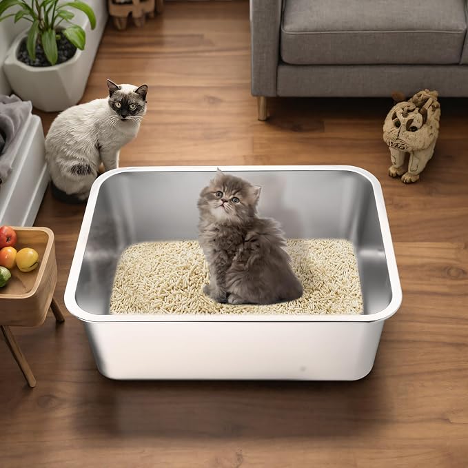 Stainless Steel Cat Litter Box - Medium Litter Box for Cats, Rabbits, and Pets, Non-Stick, Odor-Free, Easy to Clean, Splash-Proof, Sturdy and Durable (20" L x 13.8" W x 3.94" H)