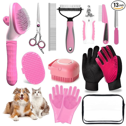 Dog Brush for Shedding 13pcs Bath Grooming Kit with Pet Nail Clipper and File - Dog Bath Brush Cat Grooming Supplies, Dematting Comb Bath Brush Shampoo Scrubber for Dogs and Cats