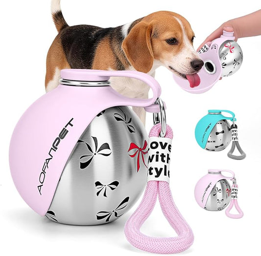 Portable Dog Water Bottle 10oz Stainless Steel Travel Dog Water Dispenser with Bowl No-Spill Puppy Water Bottle for Walking Hiking Small Dog Water Bottle (Pink Bow Print)