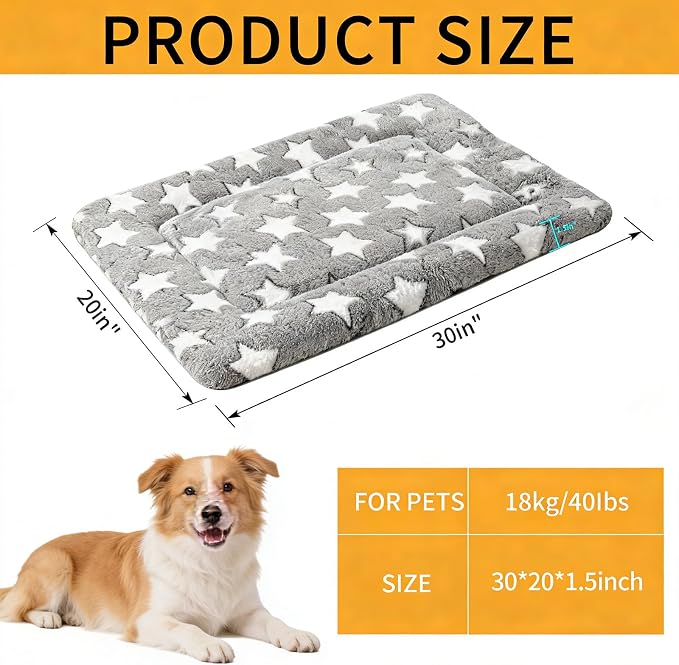 Dog Bed mat Machine-Washable Dog cage mat Gray Star（30x20x1.5in） | Soft reversible design with non-slip bottom, machine washable, lightweight, ideal for crates, travel, and home