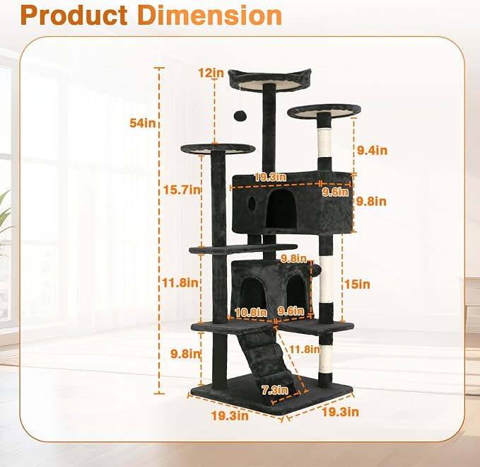 FDW | 54" Cat Tree Tower | Dark Gray | Multi-Level Indoor Activity Center | with Sisal Scratching Posts, Condos, Plush Perches, Hanging Cat Toys | Sturdy, Easy to Assemble | for Kittens & Adult Cats