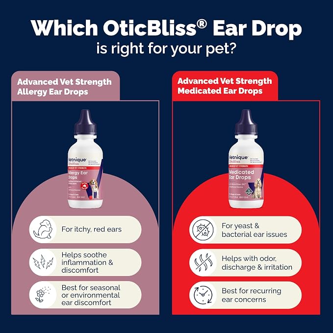 Vetnique Oticbliss Medicated Ear Drops for Dogs & Cats, Infection & Allergy (Ear Infection Drops) | Medicated Otic Drops in Two Formulas, MicroSilver BG for Infection & 1% Hydrocortisone With Chitosan for Allergy Itch Relief
