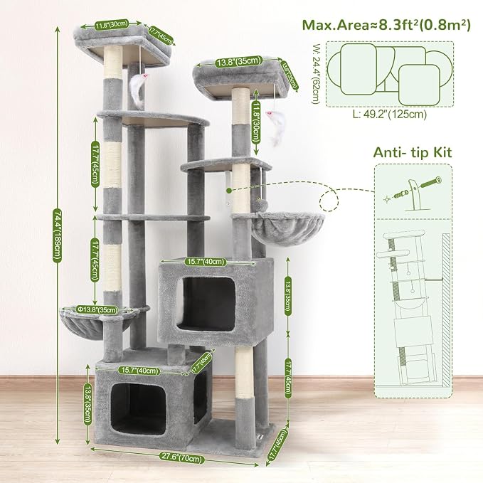 Globlazer S74E Pro Heavy Duty Maine Coon Cat Tree for Large Cats,Light Grey | 74in Sturdy Multi-Level Tall Cat Tree Tower for Indoor Adult Cats with Scratching Posts, 2 Cat Condos, 2 Top Perches