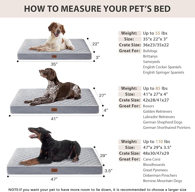 WNPETHOME Orthopedic Waterproof XL Dog Bed for Crate Cozy Sleep | Extra Large Washable Dogs Bed with Removable Cover, Multi-Needle Quilting Dogs XL Crate Bed for Relax , Light Grey 41x27 Inch