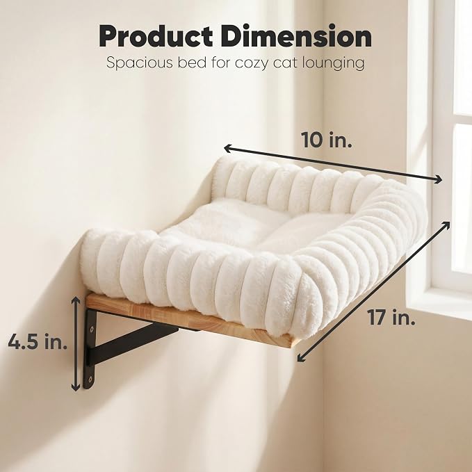 FUKUMARU Cat Wall Shelves, Cat Walls Furniture with Soft Bed, Solid Rubber Wood Floating Shelf, Kitten Window Perch for Sleeping, Playing and Scratching