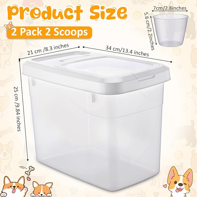 2 Pack 18 Lbs Airtight Dog Food Storage Container with Scoops | 2 Measuring Cups, Flip Lids, Clear Bins with Markings, Preserve Freshness, Pet Dog Cat Rice Grain Treat Storage